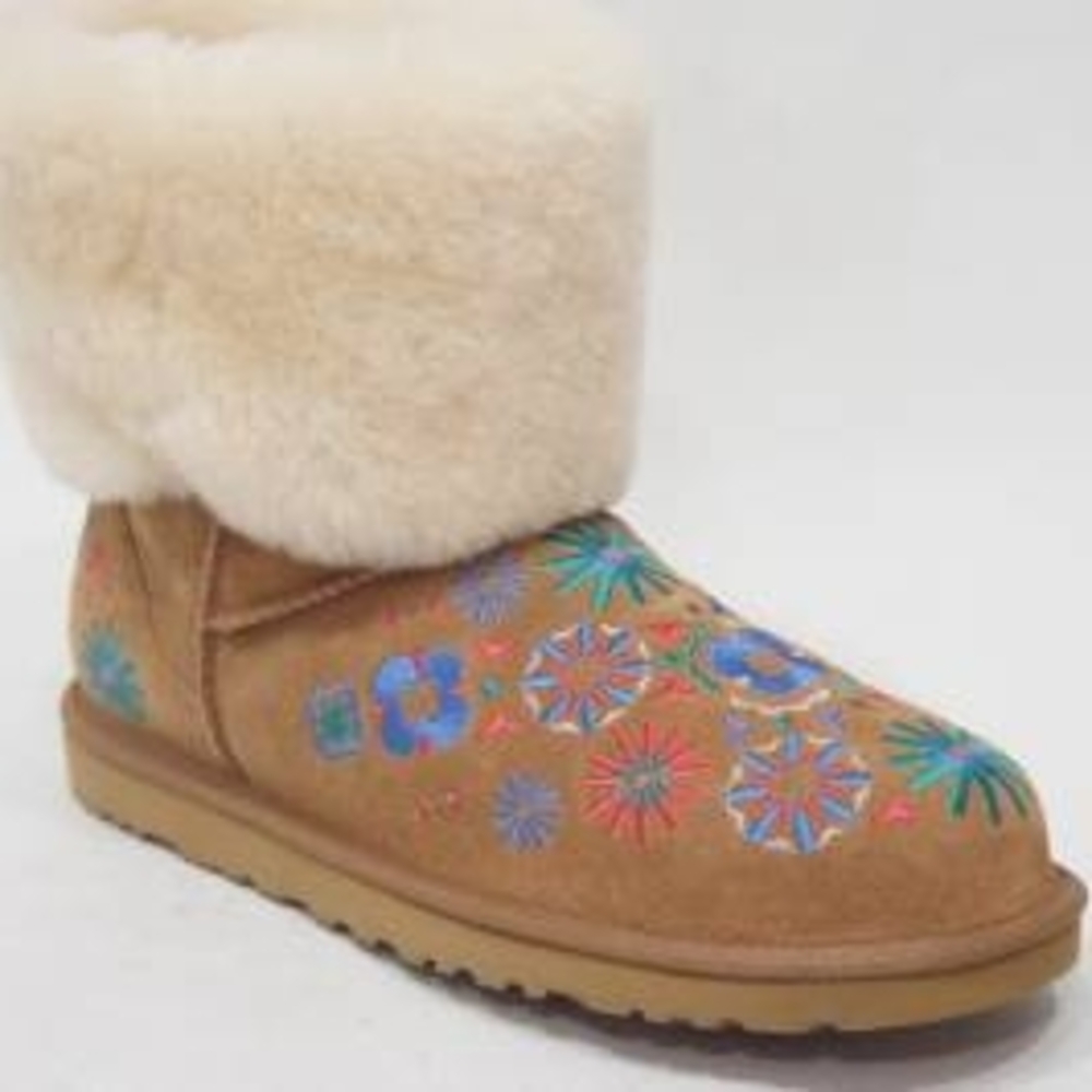 UGG Floral Embroidered Tan Boots with Fur Trim-gently used